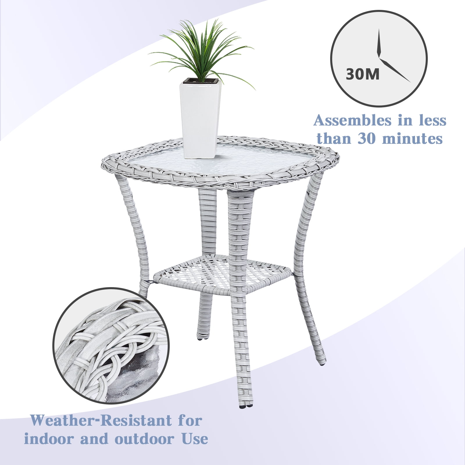 OPOHORO Outdoor Wicker Side Table,22x20x20 inch All Weather Rattan Small Patio Table Square End Table for Pool Balcony Deck Porch Lawn Backyard, Light Gray