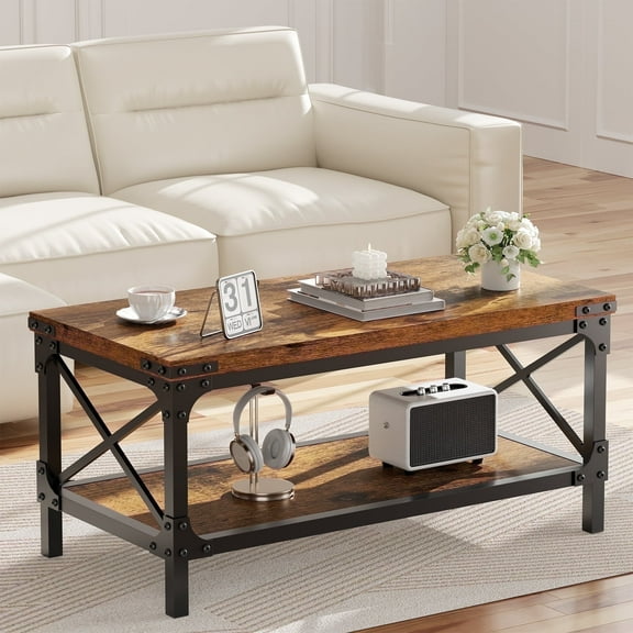 LazySpin Industrial Rectangle Wood Coffee Table for Living Room, Rustic Brown