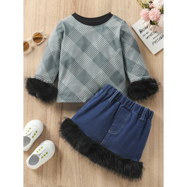 Kids Girl Skirt Outfit Fur Cuff Round Neck Long Sleeves Plaid Tops and Stretch Casual Denim Skirt Set Walmart