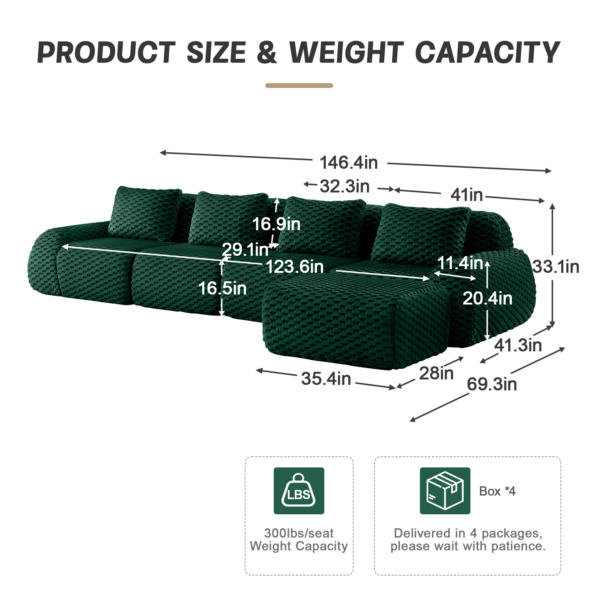 Alvantor 146" Cloud Modular Sectional Sofa with Movable Ottoman, L Shaped Deep Seat Flannelette Boneless Couch for Living Room Bedroom Green