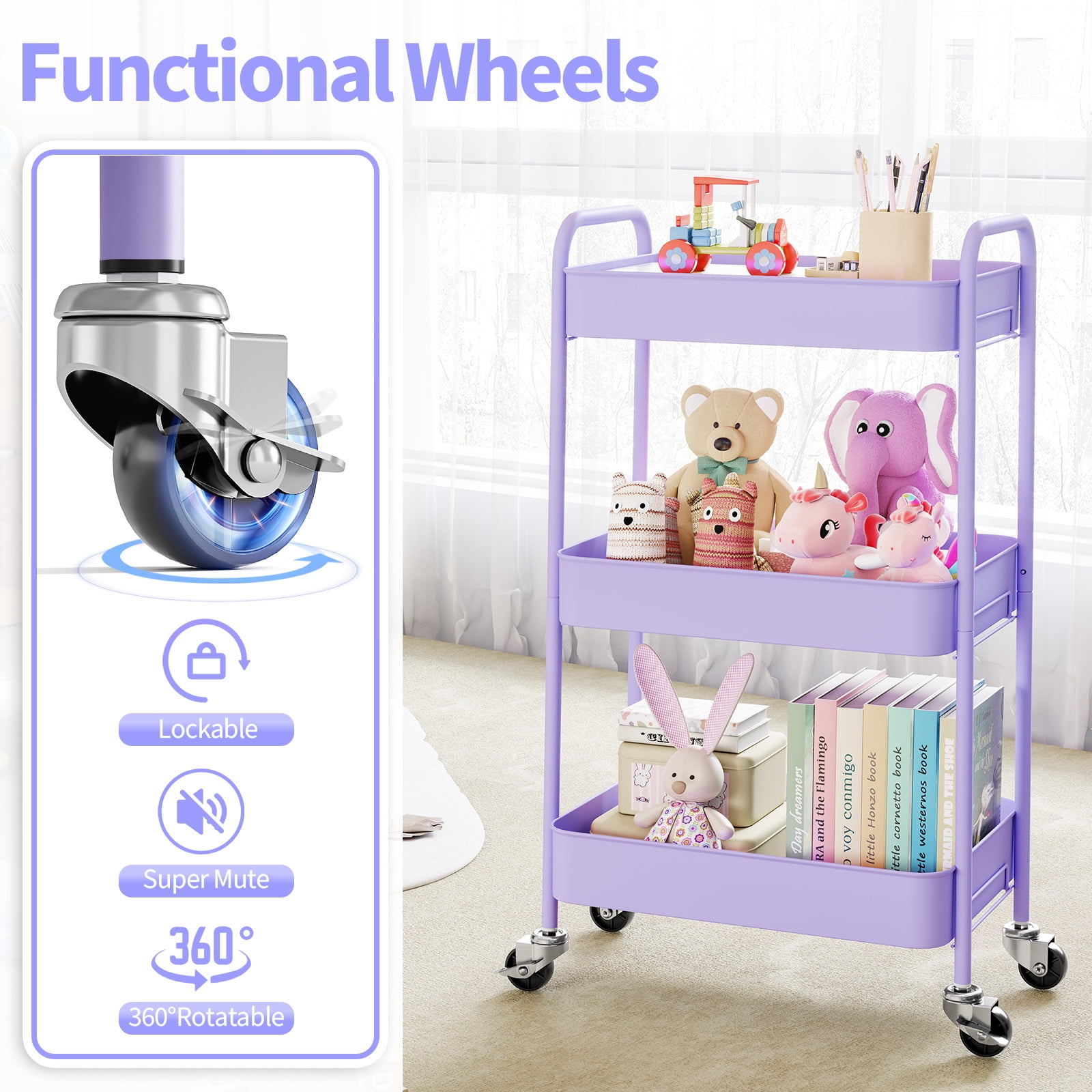KK KINGRACK 3-Tier Rolling Cart, Metal Utility Cart with Wheels, Home Office School Organizer, Purple