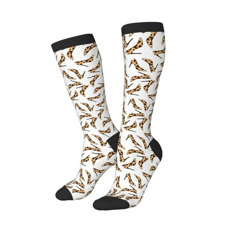 Knee High Socks for Women Men Athletic - Leopard print shoes funny fashion Thigh-High Black Sole Comfort Breathable Long Socks for Casual Travel Running