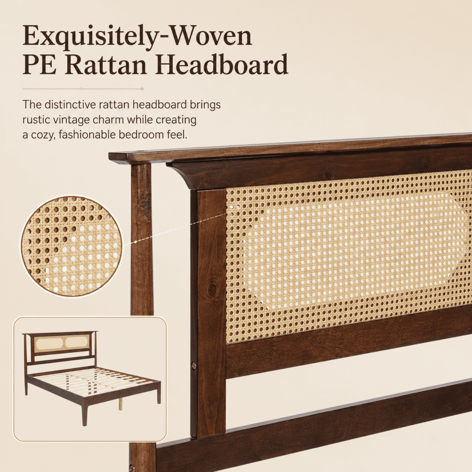 Miniyam Queen Bed Frame with PE Rattan Headboard, Pine Platform Bed, Walnut