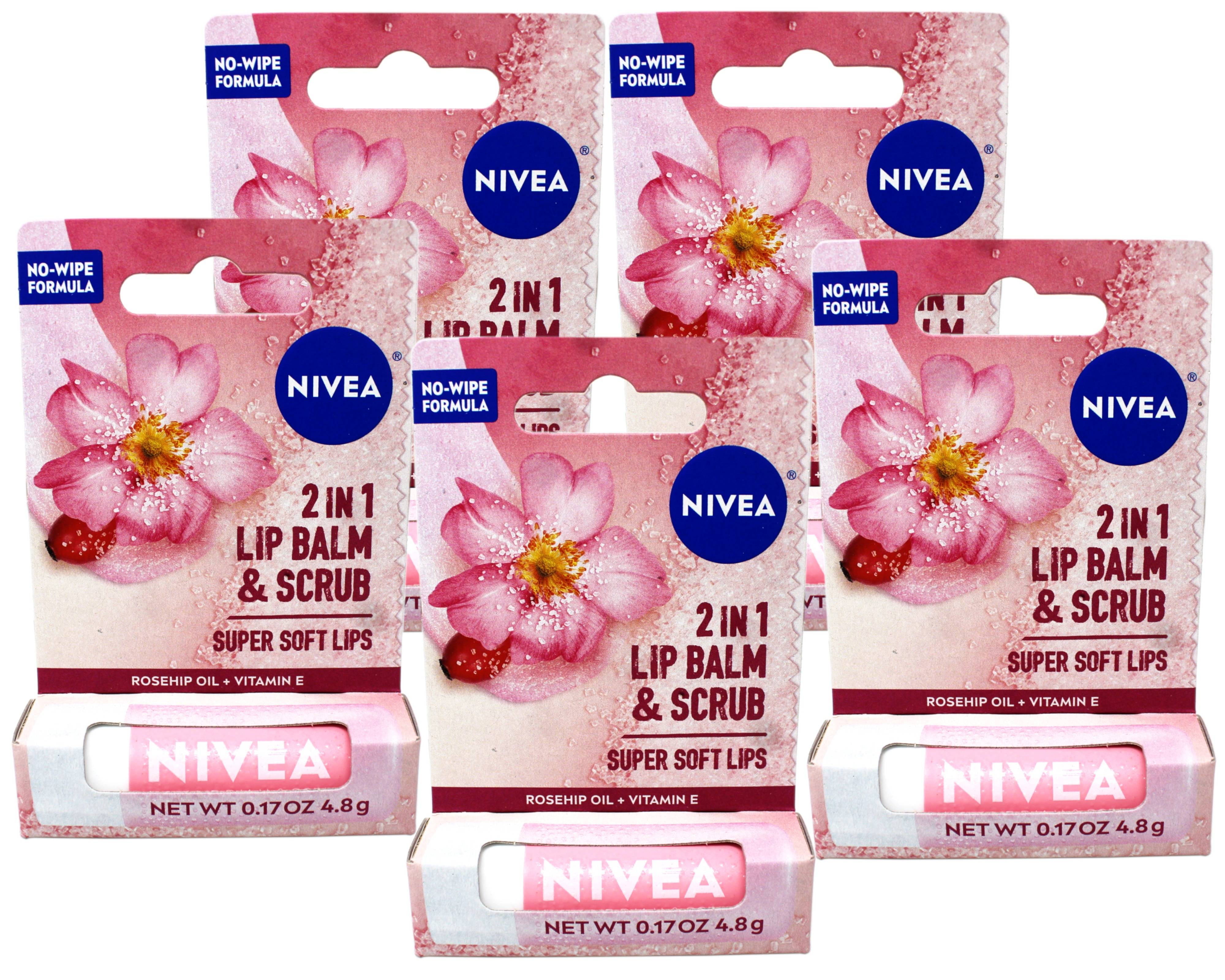 5 Pack - Nivea 2in1 Lip Balm & Scrub Super Soft Lips, Rosehip Oil + Vitamin E, 0.17 oz (4.8 g)