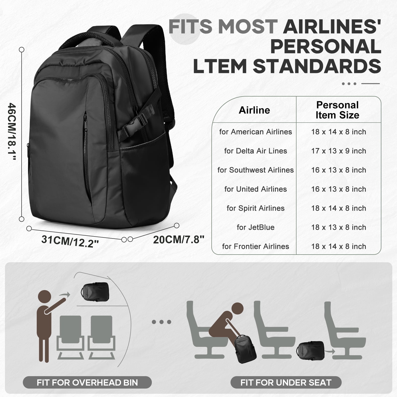 SYCNB Waterproof Lightweight Travel Backpack for Women, Laptop Backpack with Charging Port for College Student, Airline-Approved Carry On Backpack, Personal Item Travel Bag with Shoe Pouch Black