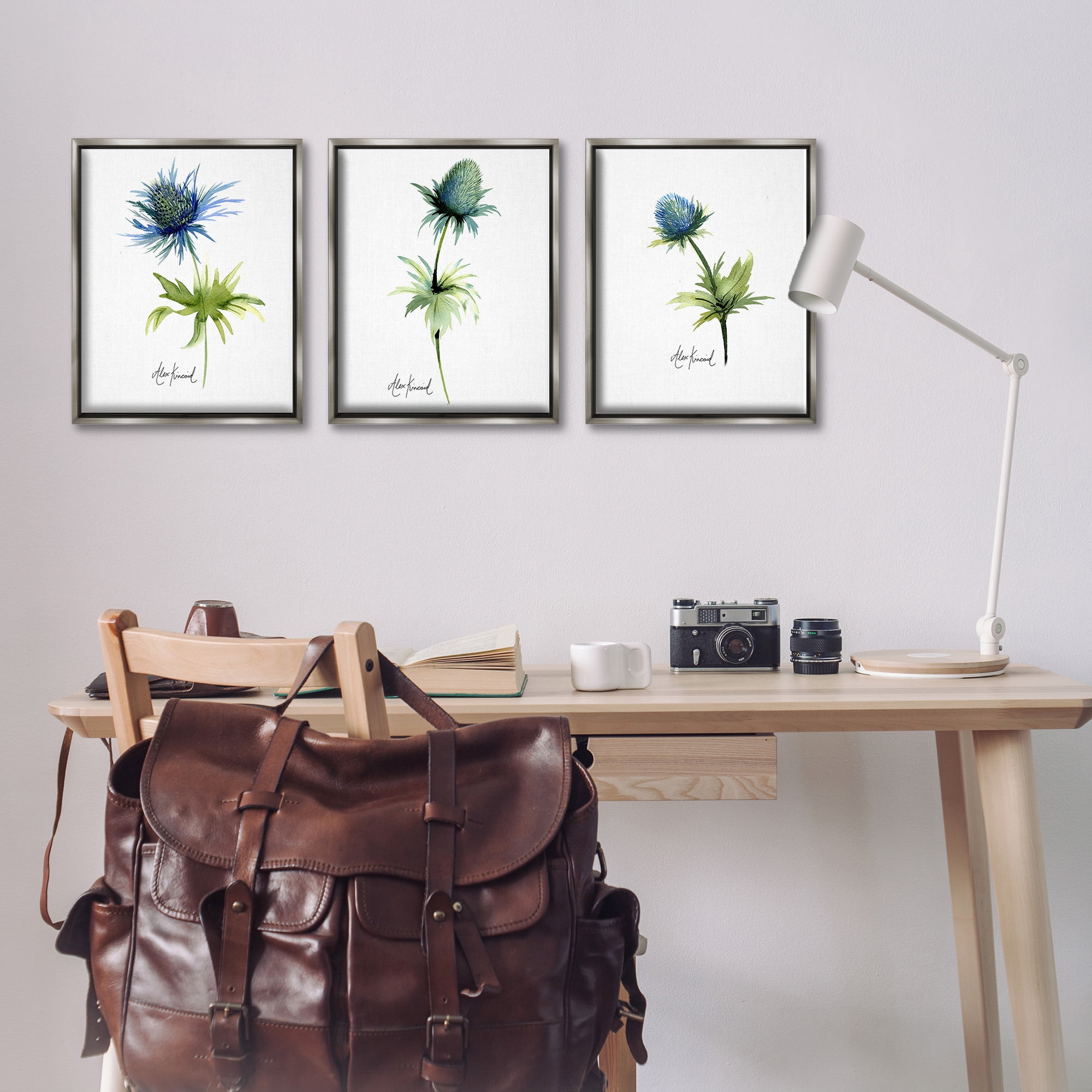 Stupell Industries Thistle Watercolors on White Botanical & Floral Painting Gray Floater Framed Canvas Art Print Wall Art, 17 x 21, Set of 3