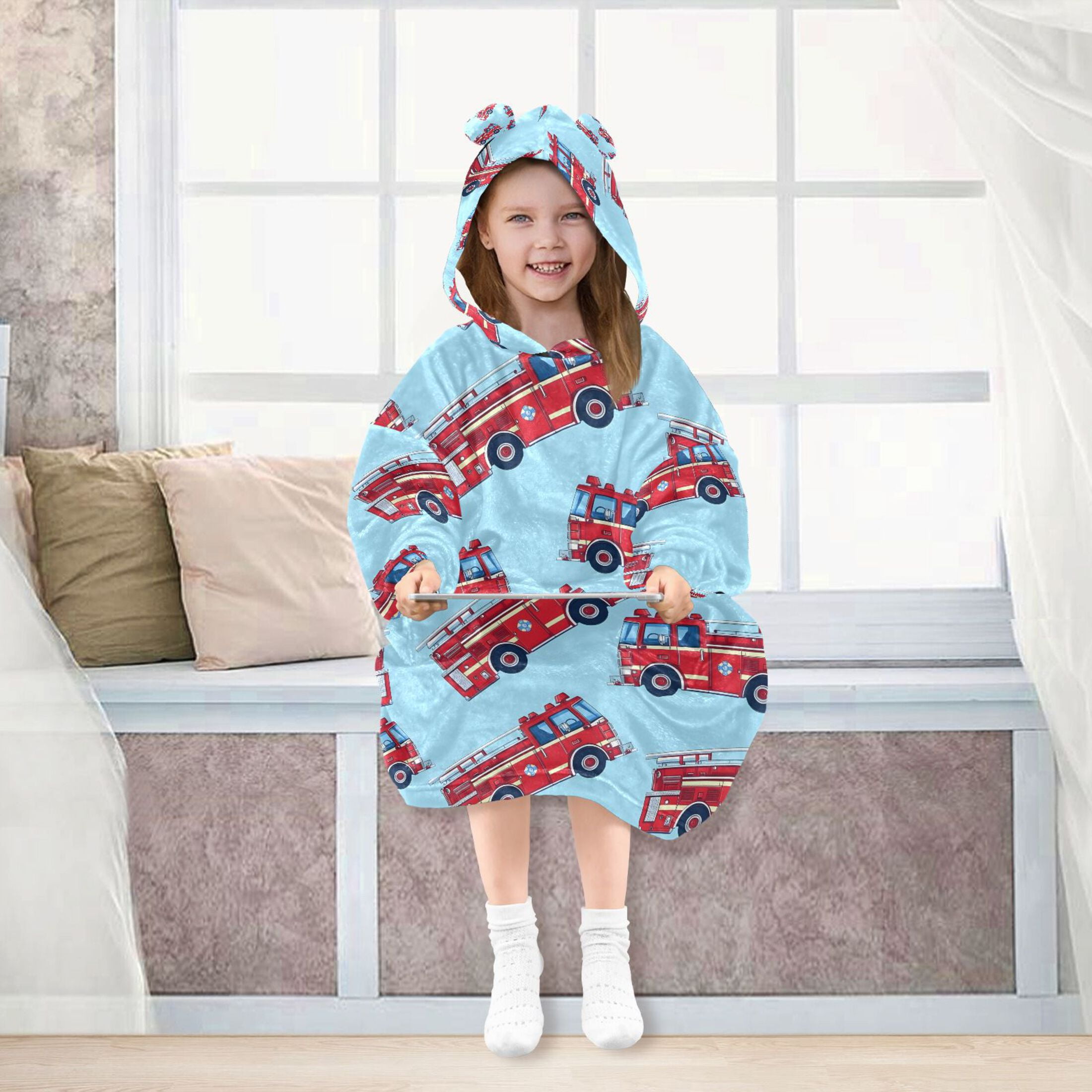 joogoo Wearable Blanket Hoodie for Cartoon Fire Trucks Oversized Sherpa Hooded 3-14 YR M