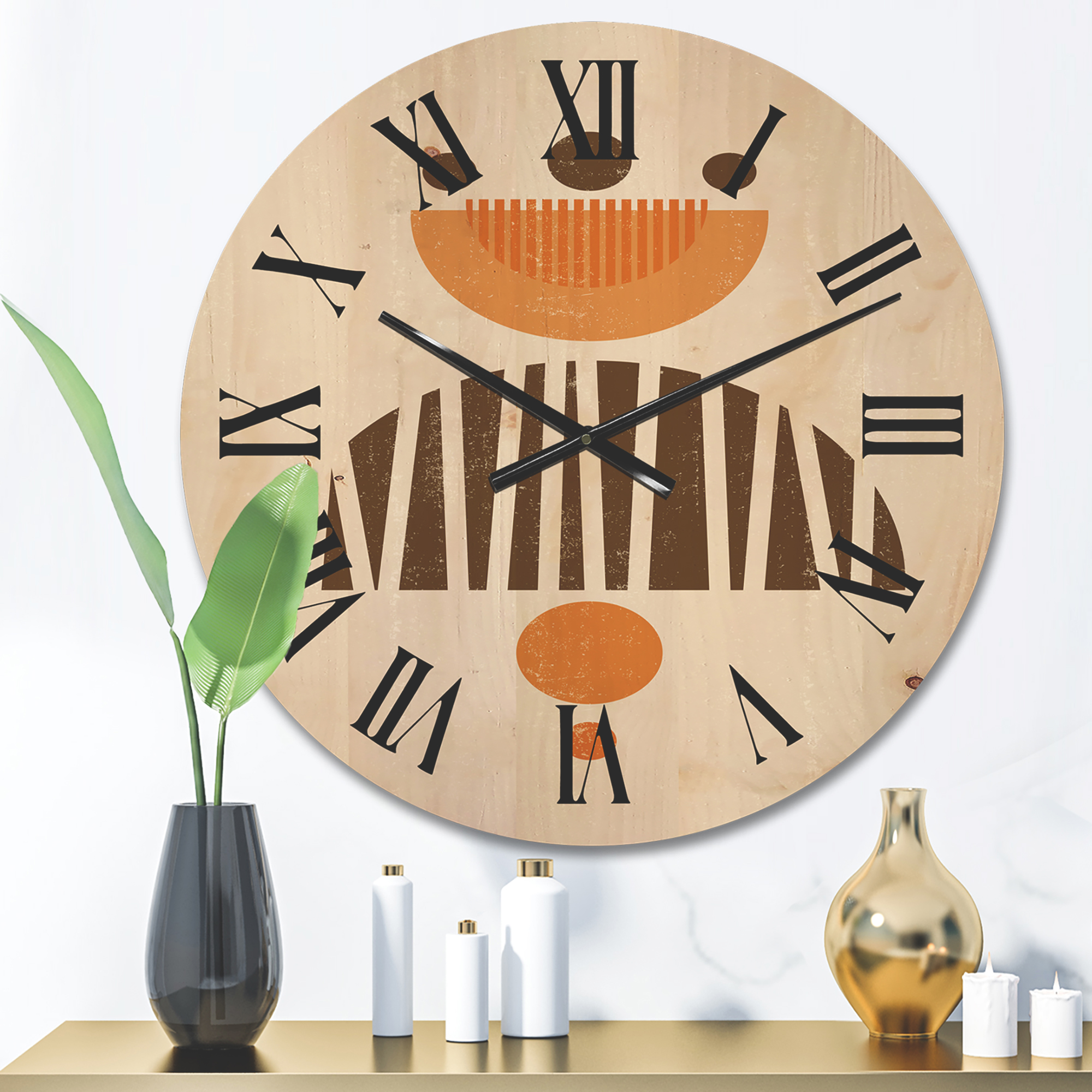 Designart 'Abstract Minimal Moon and Sun In Earth Tones IV' Modern Wood Wall Clock