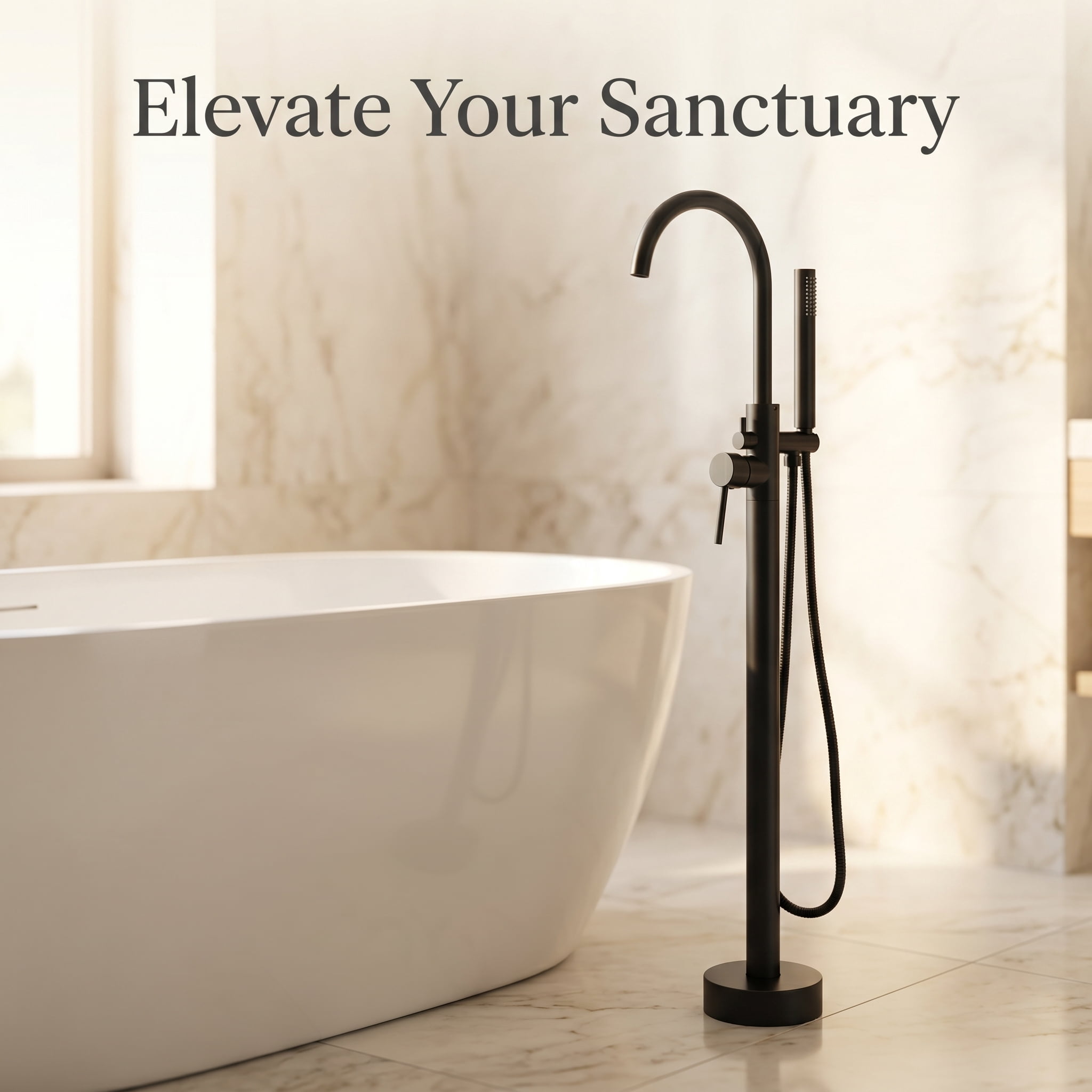 ROOMISLAND Floor Mount Bathtub Faucet Freestanding Tub Filler Standing High Flow Shower Faucets Shower Mixer Taps, with Handheld Shower, Matte Black