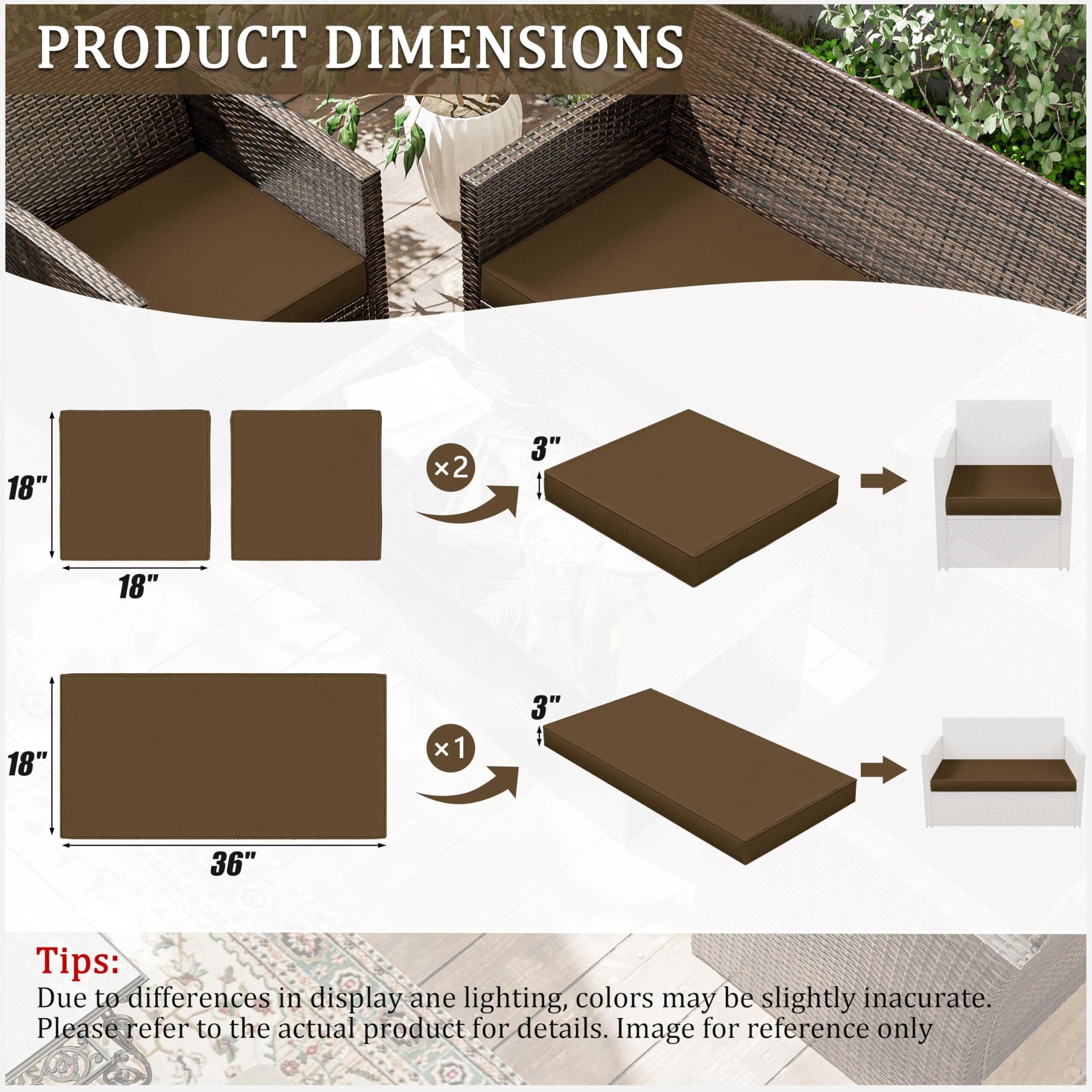 Kimunuk 3 Piece Wicker Chair Cushions, Waterproof Patio Loveseat Chair Cushions Set for Outdoor Indoor Furniture, Chocolate