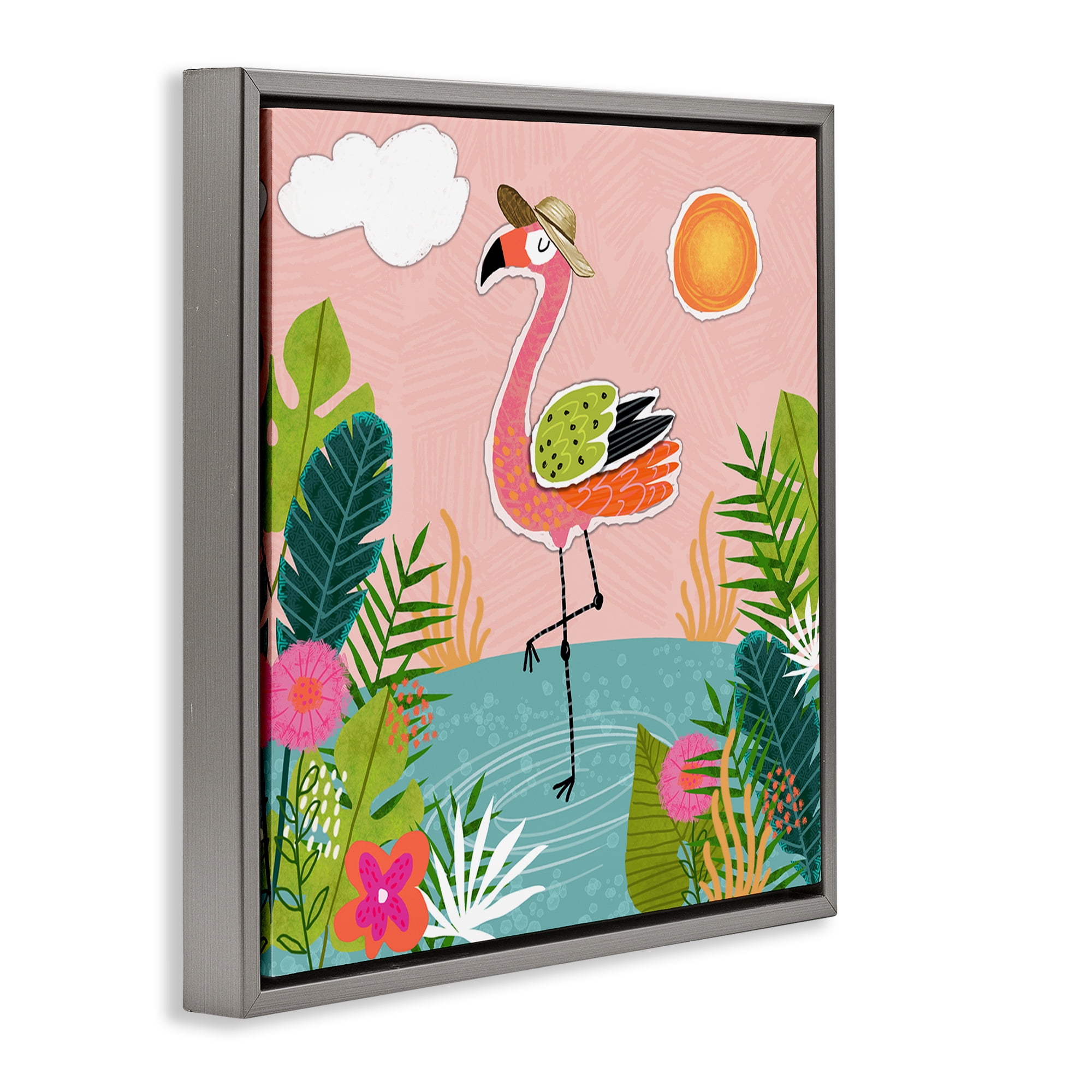 Stupell Industries Tropical Flamingo Pond Animals Painting Gray Floater Framed Canvas Art Print Wall Art, 18 x 18