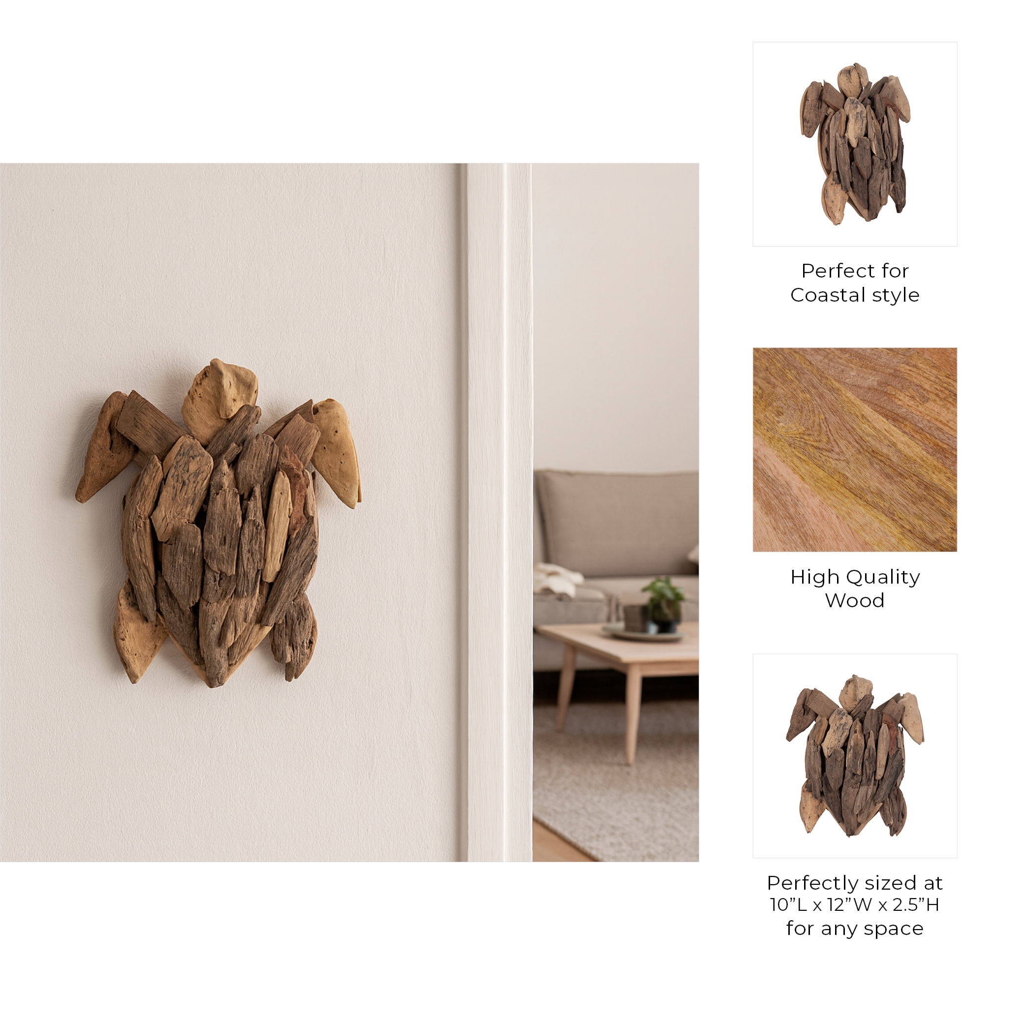 Driftwood Turtle Figurine Sculpture for Home Decor - Decorative Statue for Bathroom, Office, and Living Room Styling - Coastal Accent for Entryway and Bedroom Wall Decor - 12", Brown