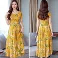 thumbnail image 4 of Robe Longue d'Été à Fleurs pour Femmes, Robe Décontractée à Col Rond, Manches Courtes, Bureau, Dames, Élégante, Vintage, Boho, Soirée, Jaune TG, 4 of 6