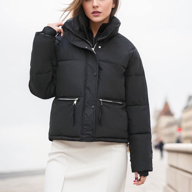 karymi Liquidation Veste Courte Chaude à Manches Longues pour Femmes, Col Montant, Ajustée, Veste d'Hiver Noire L