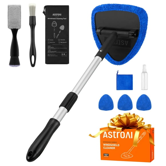 AstroAI Car Wash Brush, Windshield Cleaner Wand, Glass Cleaning Mop Kit, Handle Cleaner Tool with Spray Bottle for Car Window, Blue