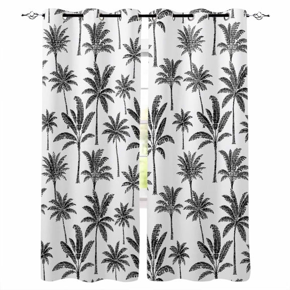 Tropical Botanical Blackout Curtains Light Blocking Print Window Curtains, Summer Palm Trees Black Thermal Insulated Window Drapes for Living Room Kitchen Cafe (2 Panels, 55"W x 39"L)