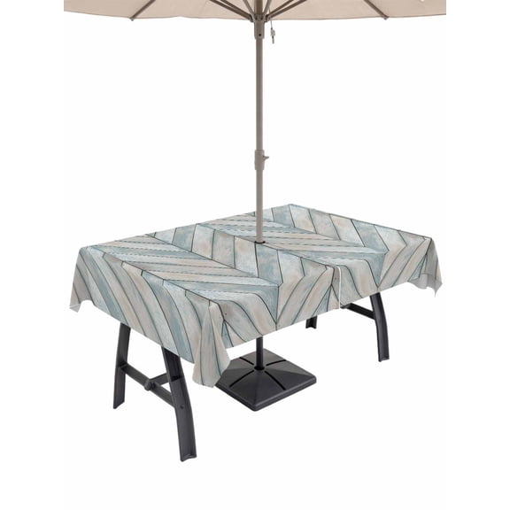 Outdoor Tablecloths with Umbrella Hole & Zipper, Wood Grain 54x80 Inch Tablecloth Rectangle, Vintage Geometric Wooden Planks Brown Green Waterproof Table Cloth, Patio/Pool/Picnic Table Covers