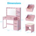 thumbnail image 4 of Tcbosik 42.9 inch Vanity Desk with Lights and Mirror, Charging Station & Cushioned Stool, Makeup Dressing Table with Open Shelves and 5 Storage Drawers for Bedroom, Pink, 4 of 7
