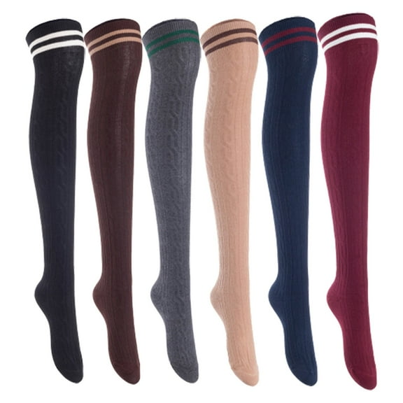 Lian Lifestyle Women's 6 Pairs Incredible Durable Super Soft Unique Over Knee High Thigh High Cotton Socks, Size US 6-9, JMYP1023 Black, Coffee, Dark Gray, Khaki, Navy, Wine