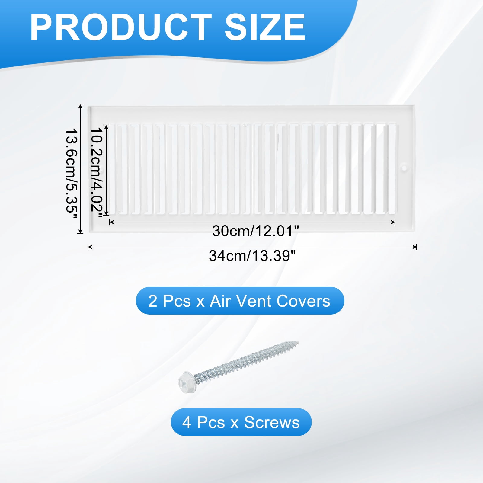 4" x 12" Duct Opening Vent Cover, 2 Pcs Toe Kick Vent Cover HVAC for Wall Floor, White-Outer Size: 5.4" x 13.4"