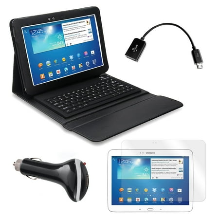 Bluetooth Keyboard Folio with Screen Protector, OTG Cable, and Car Charger for Samsung Galaxy Tab 3 10.1