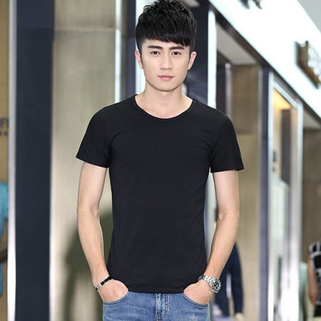 Fashion Men Round Neck T-Shirt Slim Sports Foundation Short Sleeve Solid Color Casual