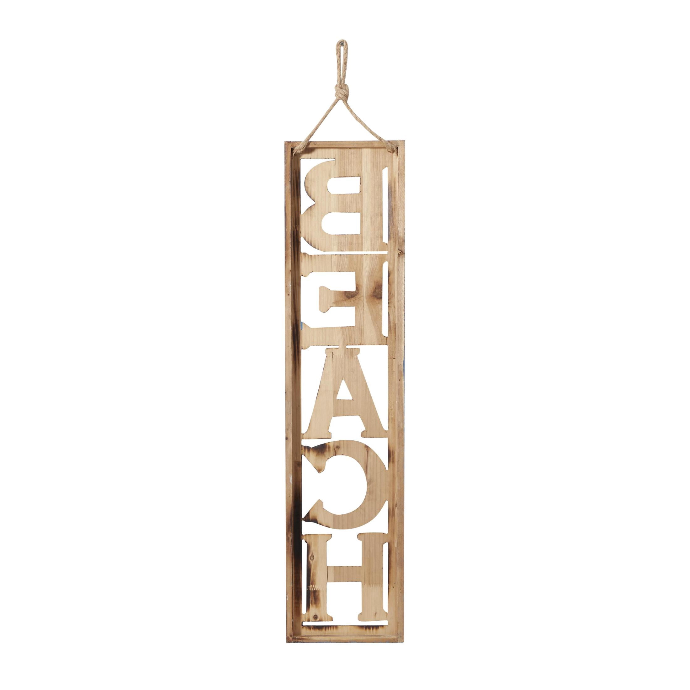 DecMode Beige Wooden Beach Sign Wall Decor with Rope Hanger