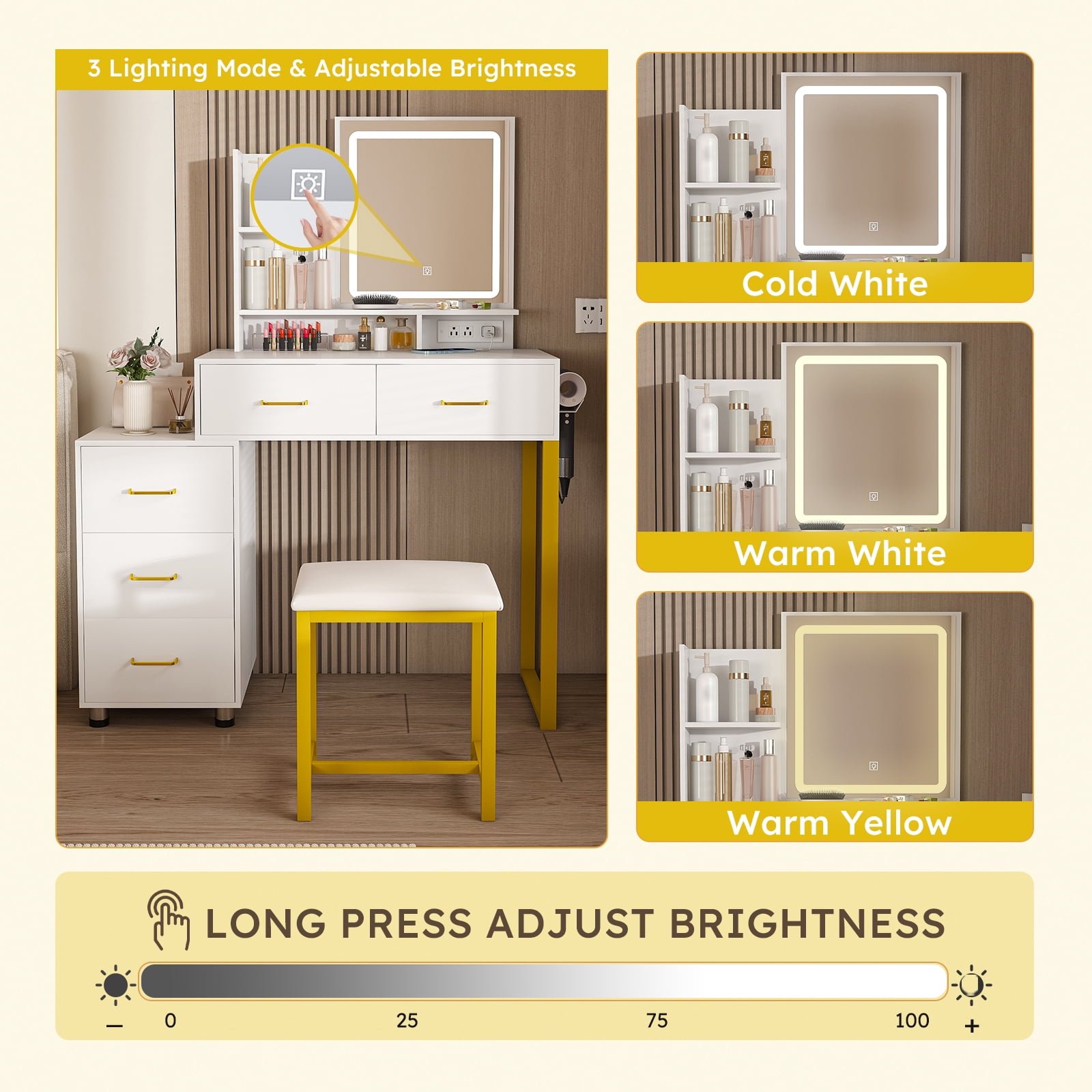 Montary White LED Vanity w/ Power Outlet & 3 Lights: 5-Drawer Makeup Desk w/ Sturdy Metal Legs & Stool