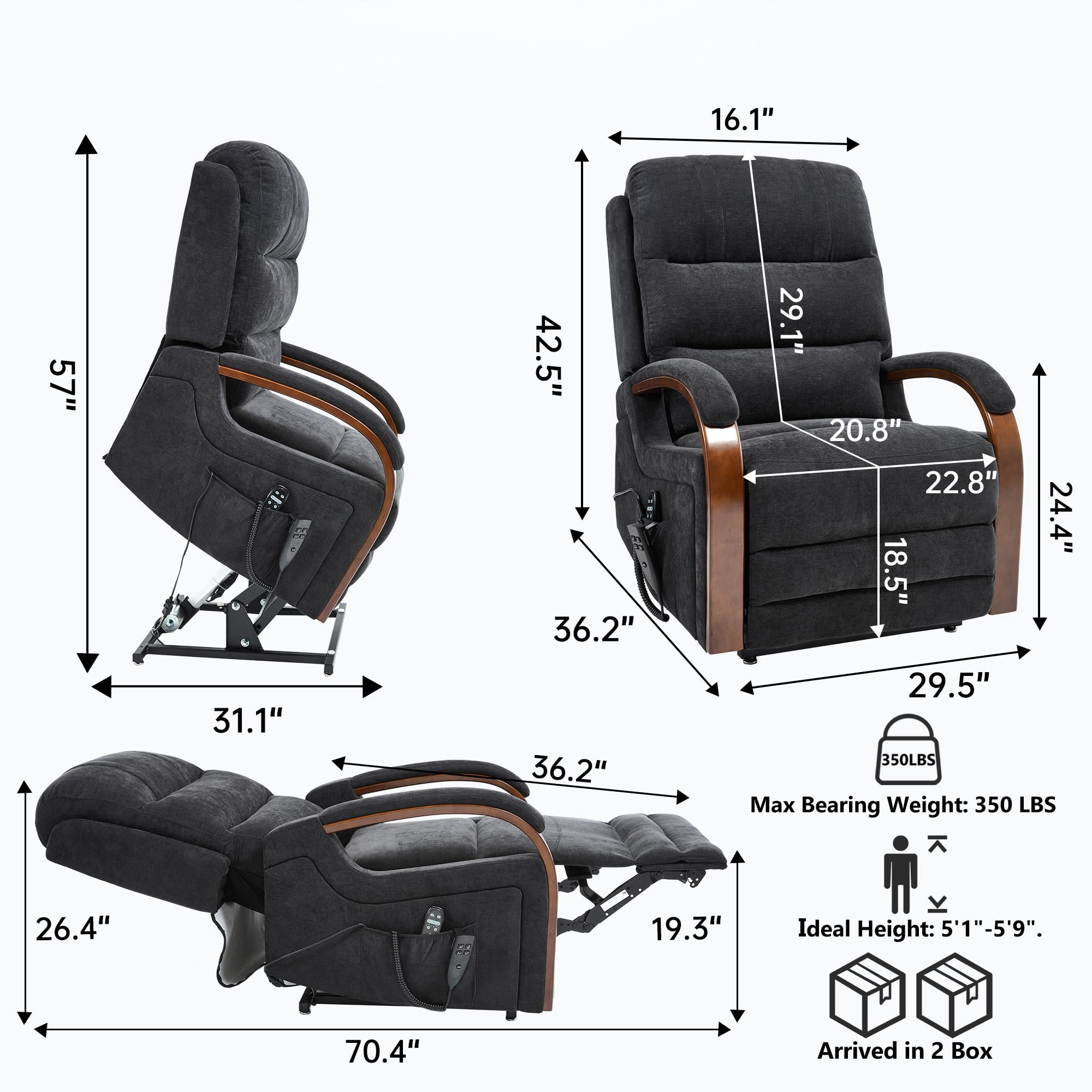 Gewnee Power Lift Recliner Chair with Heat and Massage,Lay Flat Assist Recliner with Side Pocket & Solid Wood Armrest,Lift Chair for Living Room.Black Chenille