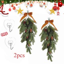 KOYPTL 2 Pcs Christmas Artificial Hanging Plants Decorations Outdoor 27 Inch Pine Branches with Cones and Bow Greenery Fake Garland for Front Door Window Indoor Xmas Home Decor Brown