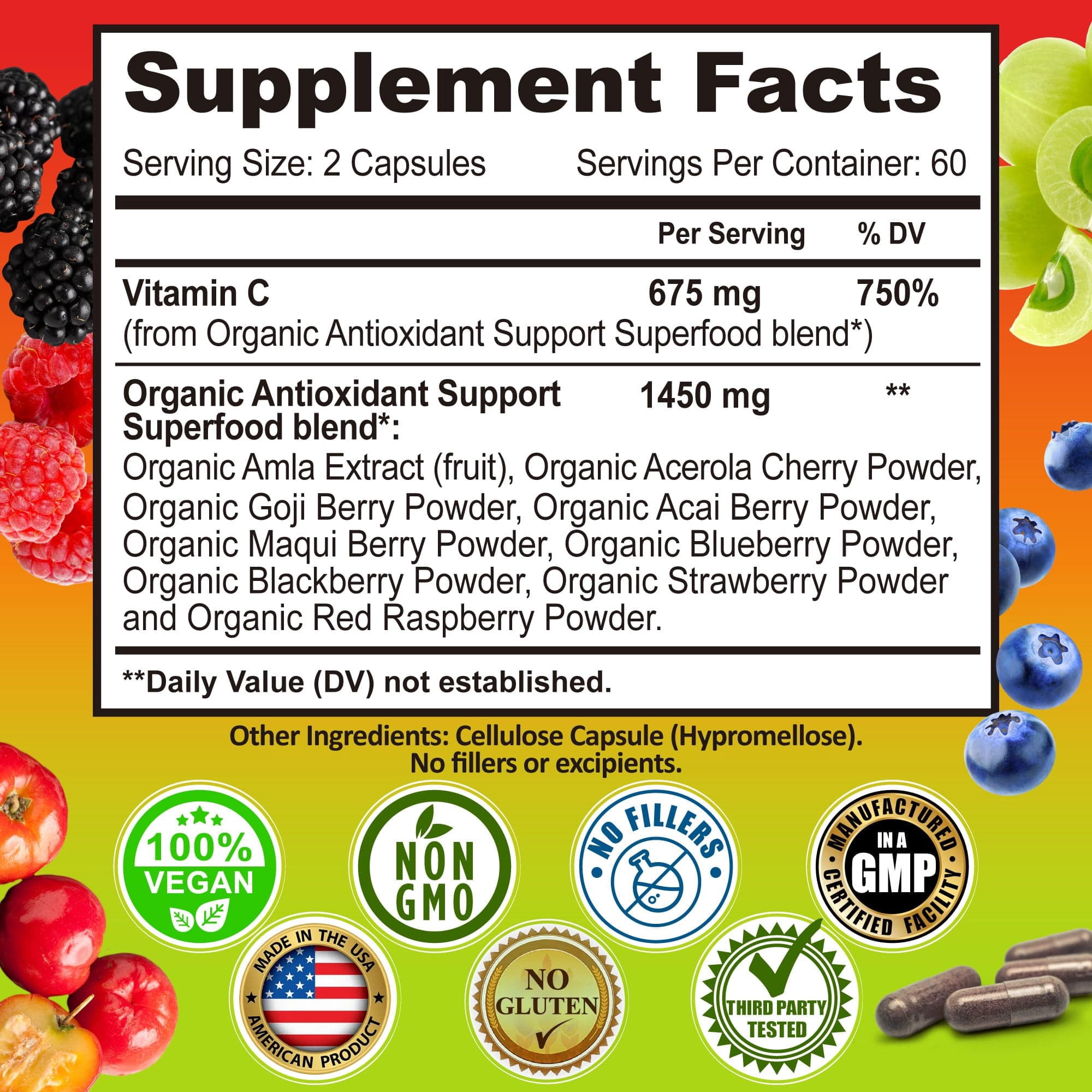 Whole Food Vitamin C Complex - 1450mg Organic Berries - 675 mg Vitamin C per Serving, High-Potency Antioxidant & Immune Support with Acerola, Amla and Natural Bioflavonoids - Vegan, Non-GMO, 120 Ct