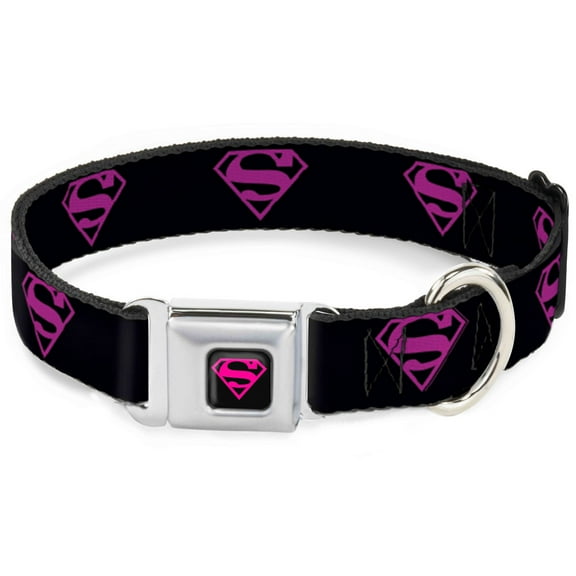 DC Comics Pet Collar, Dog Collar Metal Seatbelt Buckle, Superman Shield Black Hot Pink, 9.5 to 13 Inches 1.0 Inch Wide