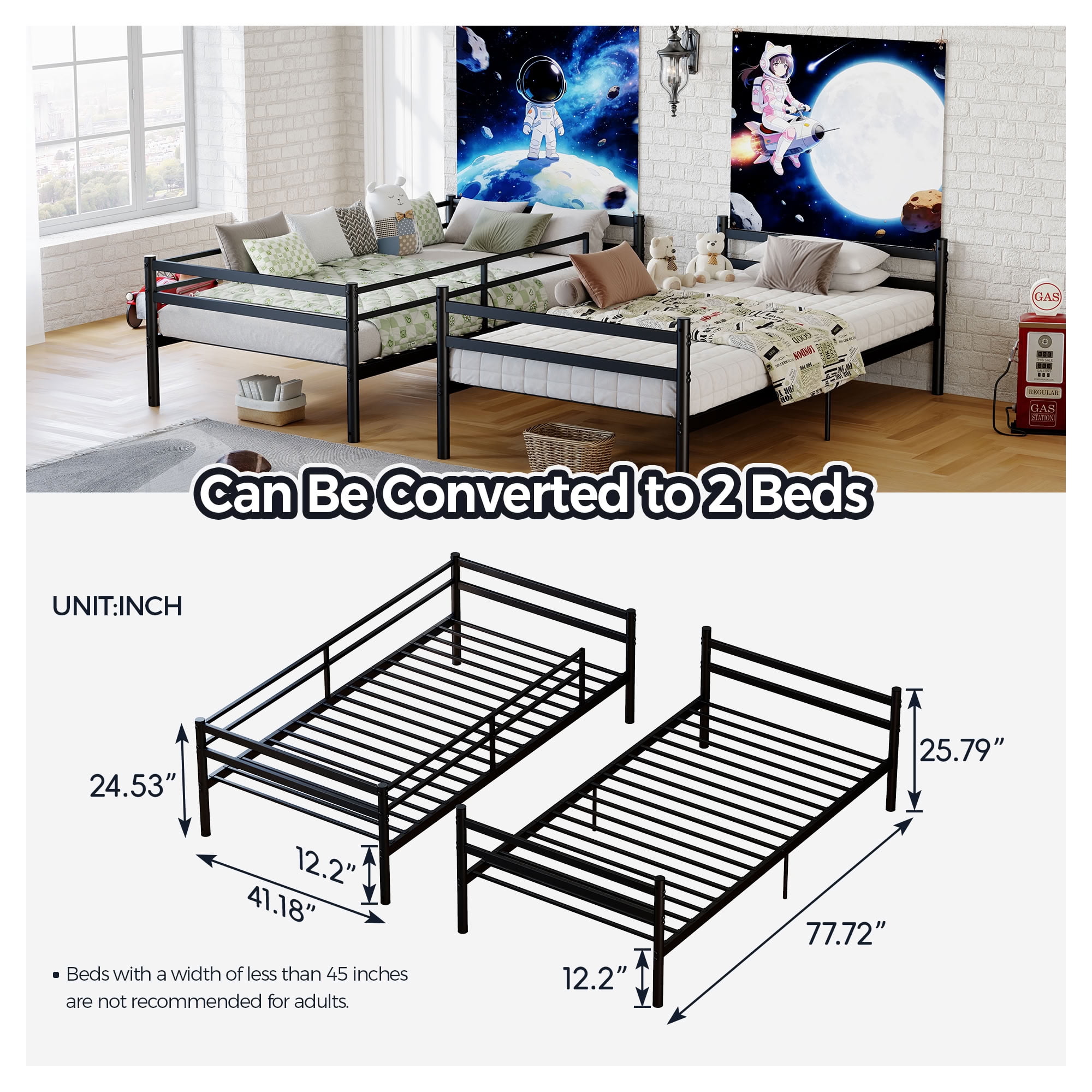 MAYEERTY Metal Bunk Bed with Drawers, Heavy Duty Twin Over Twin Bed Frame with High Guardrail and Ladder, Noise Free Under-Bed Storage Space