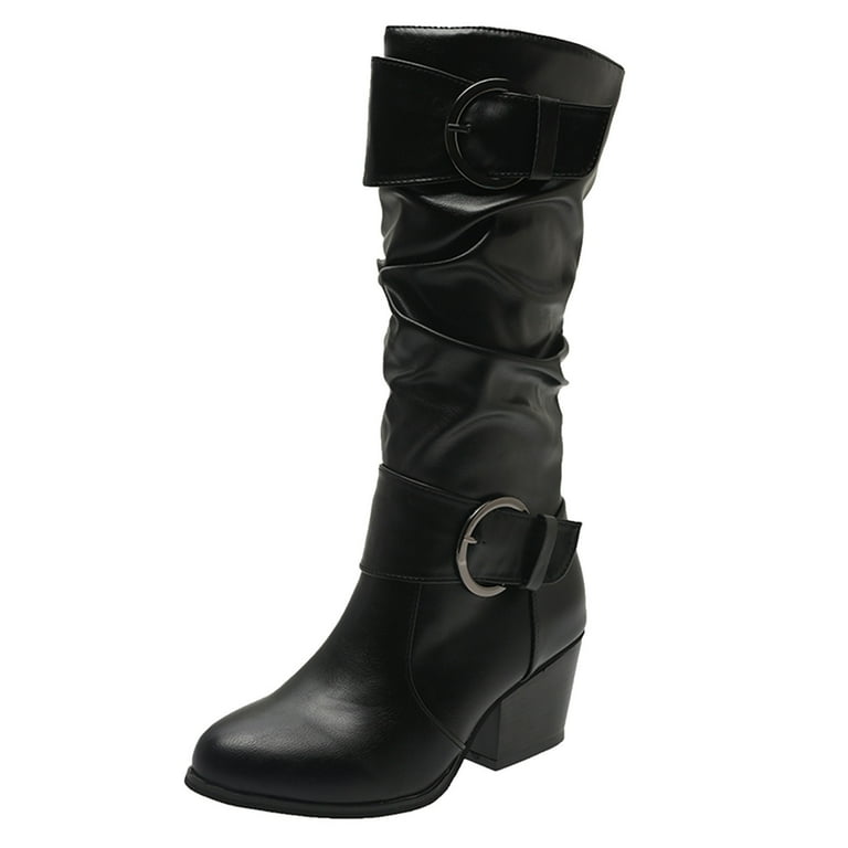 HSMQHJWE Womens Tall Boots Wide Calf Insulated Boots Women Wide Calf Fashion Women Square Heels Artificial Leather Buckle Strap Mid Calf Boots Round
