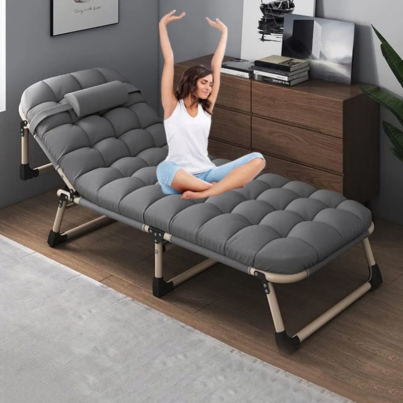 Folding Camping Cot with Mattress, Adjustable Portable Guest Bed & Reclining Lounge, Portable Patio Chaise Lounge Chair Recliner for Indoor Outdoor Use