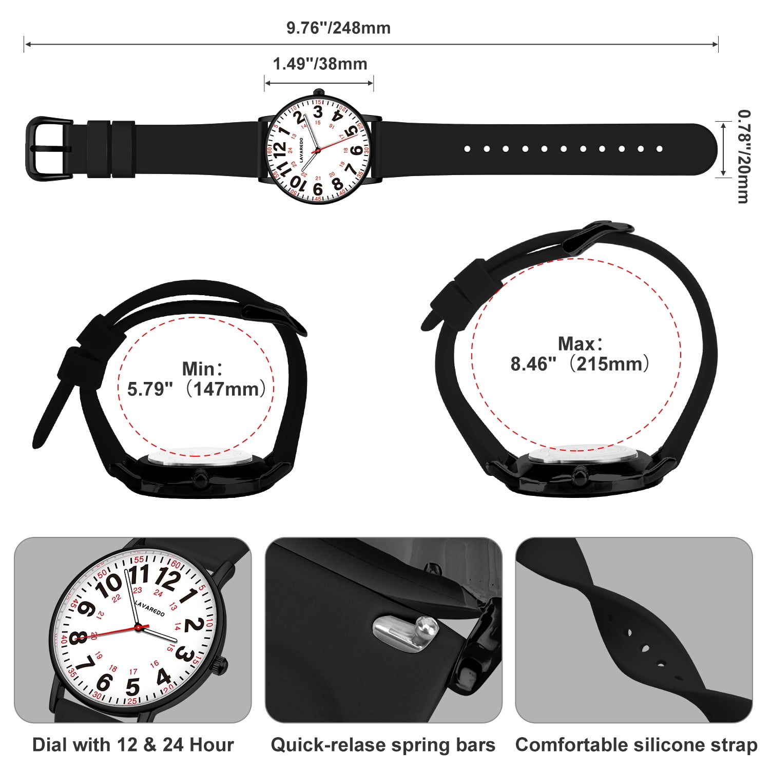 Bomieux Watch for Women Nurse Watch for Doctors Luminous Easy Read Dial,12/24 Hours with Second Hand,Silicone Band,Waterproof Watch Mother's Day gift for Women