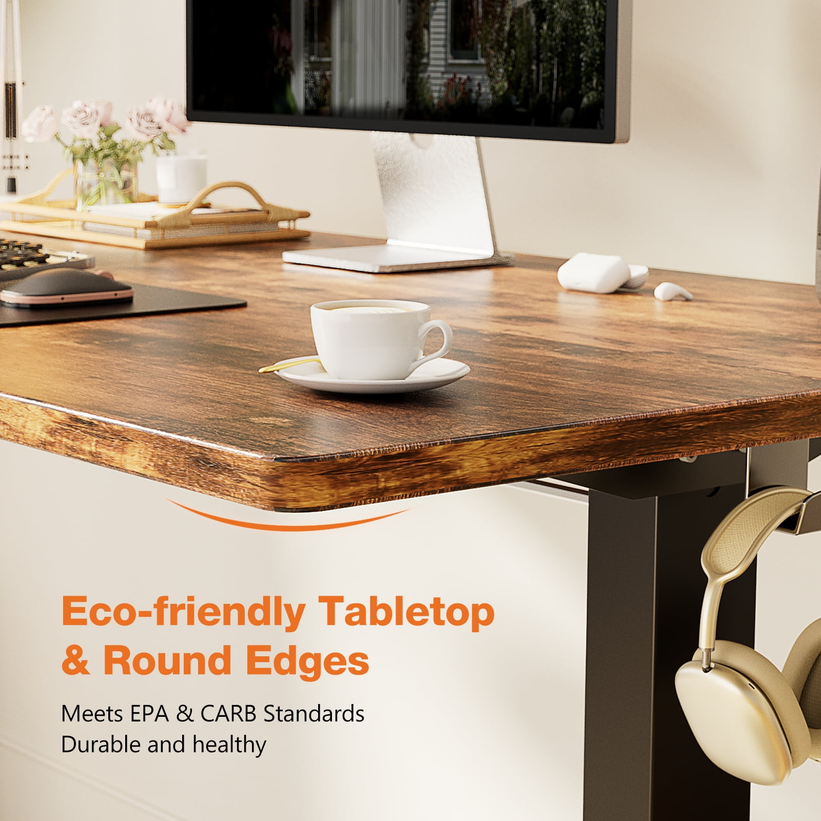 EDX Electric Adjustable Standing Desk - 40"x24" Sit-to-Stand Office Desk with 2 Hooks & Wire Hole