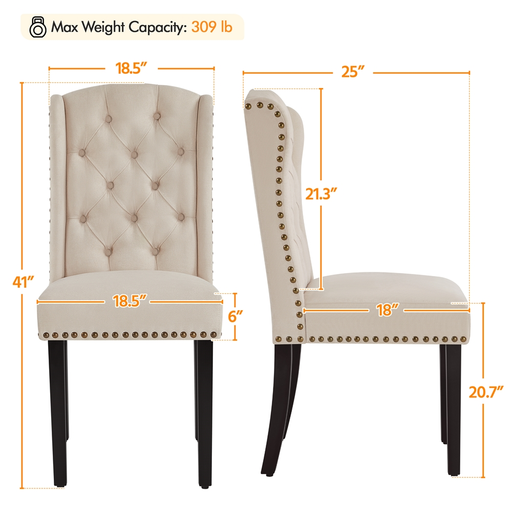 SMILE MART 2pcs Upholstered Tufted Dining Chairs with Wing Design for Kitchen, Beige - image 5 of 6