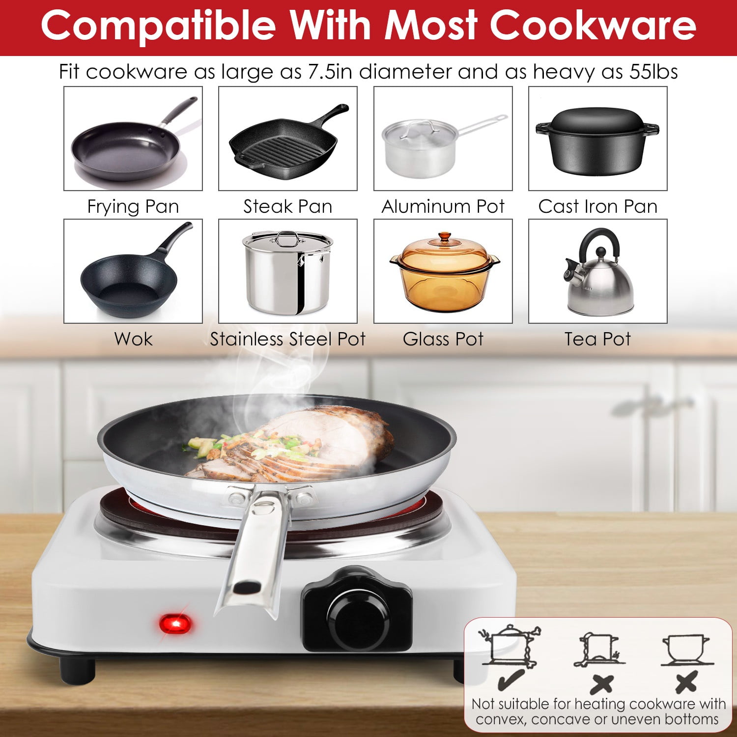 Moclever 1000W Electric Hot Plate, Electric Infrared Single Burner Portable Countertop Burner with 7.5” Glass Cooktop Stepless, White