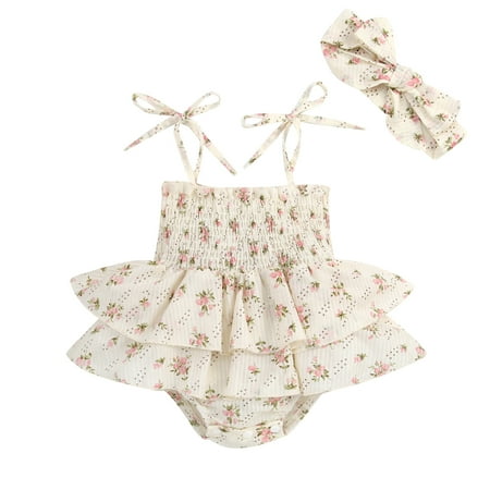 

Meihuida Baby Girl Summer Jumpsuit Set Floral Elasticated Bust Sleeveless Ruffled Romper with Bow Headband