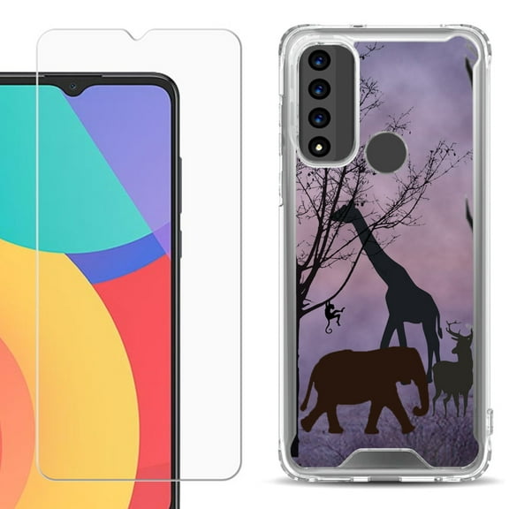 Shockproof Bumper Phone Case for TCL 20 XE, with Tempered Glass Screen Protector, by OneToughShield ® - Twilight Safari