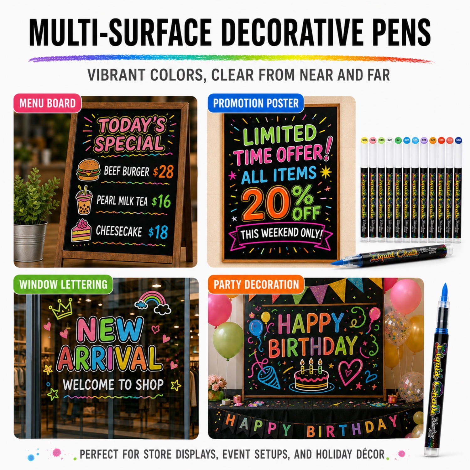 24 Colors Liquid Chalk Markers for Acrylic Calendar, Glass Window, Blackboard & Whiteboard, Erasable Neon Chalk Pens with Soft Brush Tip for Signs、DIY Art、Holiday Decoration
