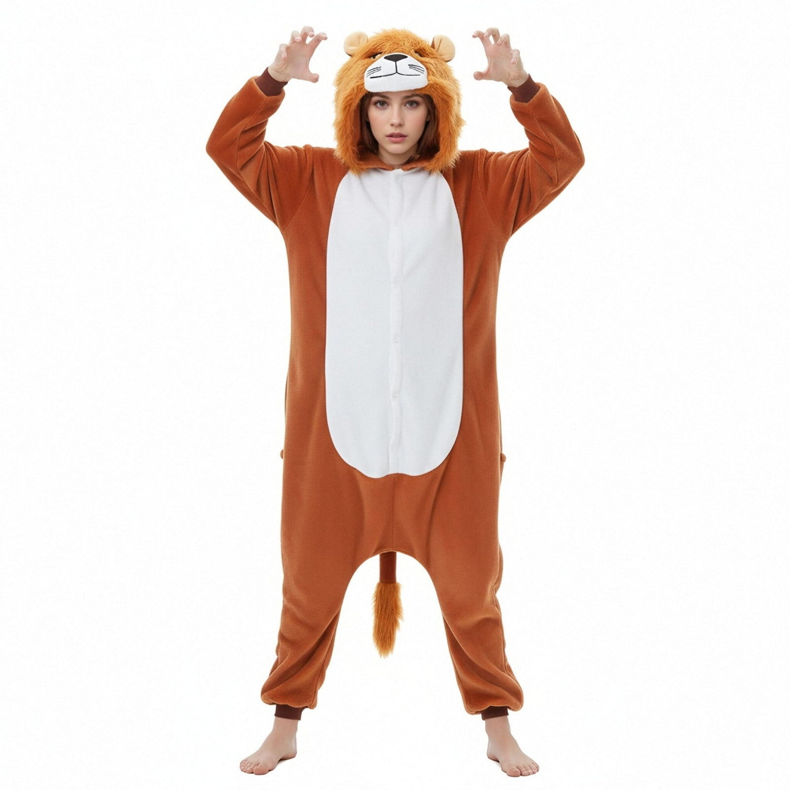 Fjofpr Pajamas Jumpsuits for Women Plus Size Fleece Fluffy Sleepwear Zip up Hooded Plush Rompers Cute Lion One Piece Pajamas Hooded Long-sleeved Pajamas Home Clothing Pajamas Coffee S