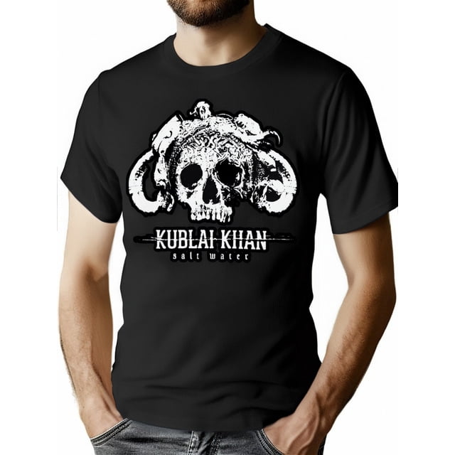 Vintage Inspired "Kubail Khan" Men's Graphic T-Shirt - Casual Black Short Sleeve Tee with Goat Skull Design, Polyester, Machine Washable - Perfect Summer Gift for Him