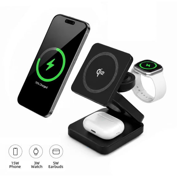 TSBIFV 3-in-1 Magnetic Wireless Charging Station, 15W Fast Phone Charging Stand, 5W Earbuds & 3W Watch Charger, Foldable Desktop Stand for iPhone Compatible Phones, Black