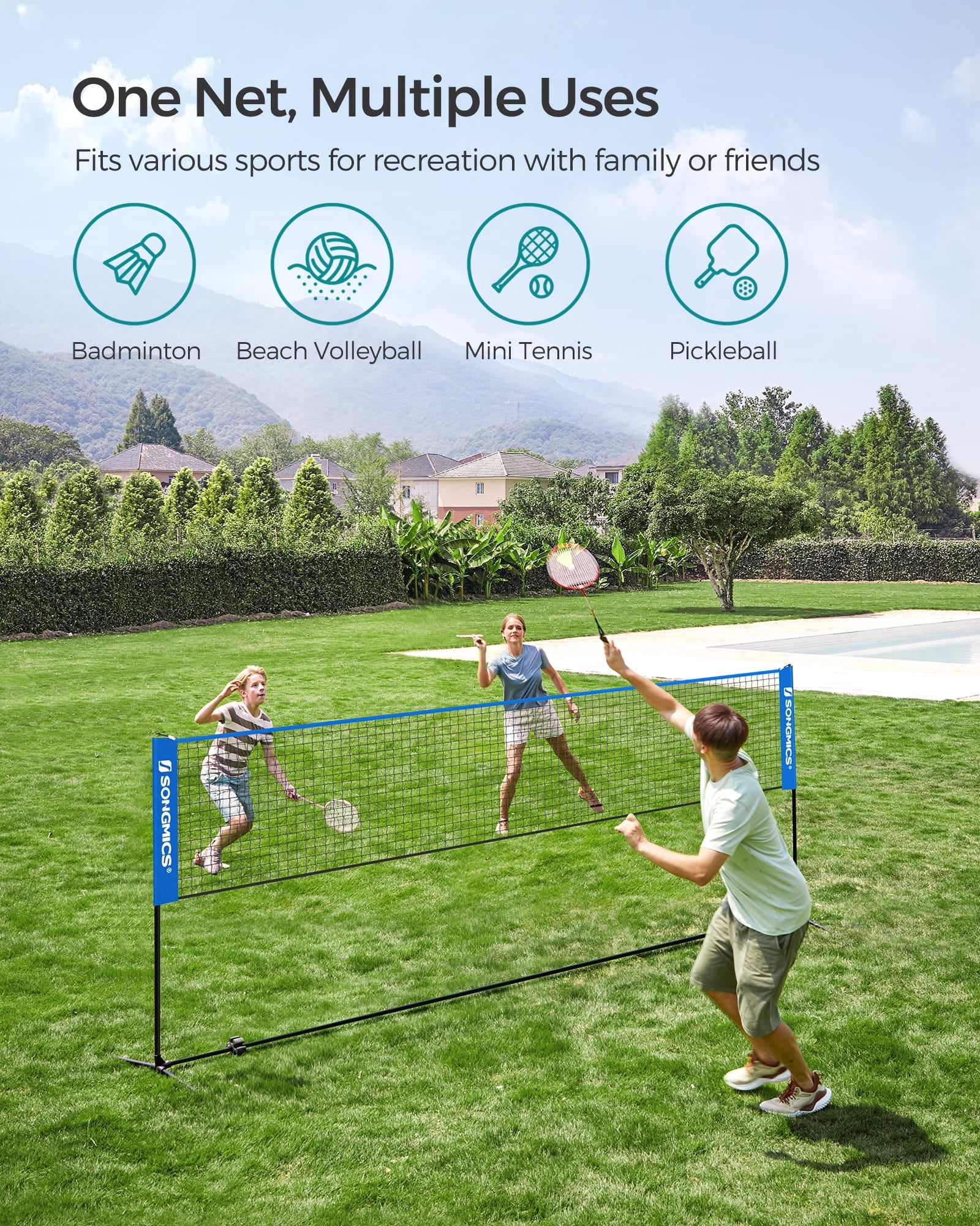 Badminton Net Set Portable Sports Set for Badminton Tennis Kids Volleyball Pickleball Easy Setup Nylon Net with Poles for Indoor Outdoor Court,13FT