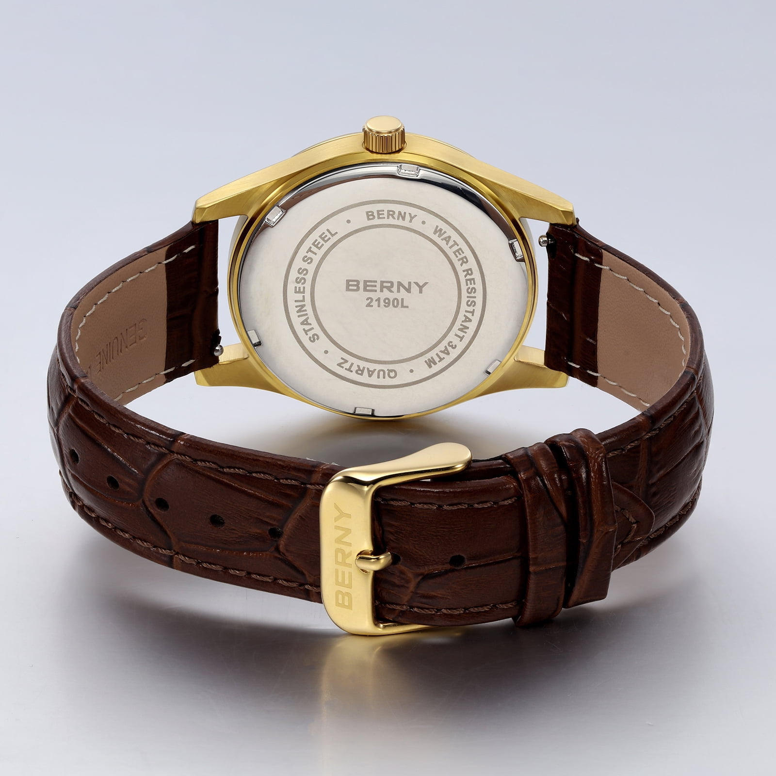 BERNY Dress Watches for Women, MultiFunction Leather Watch with Moon Phase, Day & Date Calendar, Stainless Steel Case, Easy to Read, Waterproof, Ladies Analog Quartz Wrist Watch (Gold)