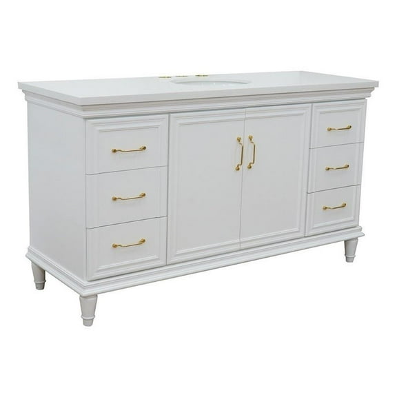 61 in. Single Wooden Vanity  White with White Quartz Oval Sink