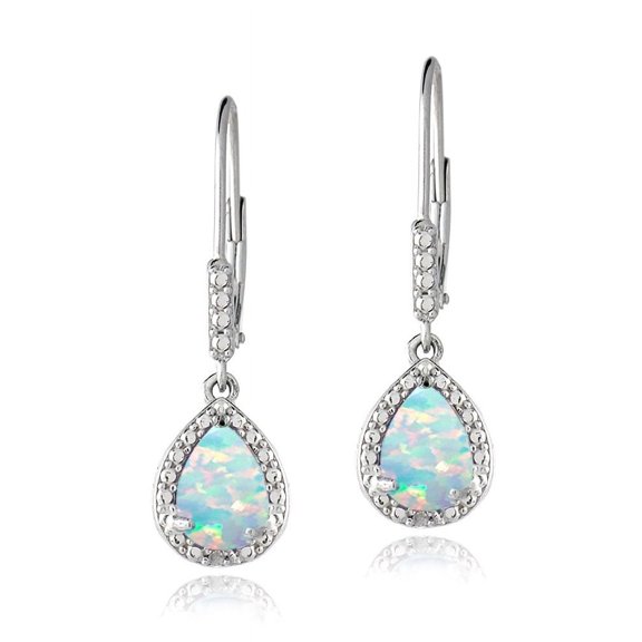 Sterling Silver Created Opal & Diamond Accent Teardrop Leverback Earrings