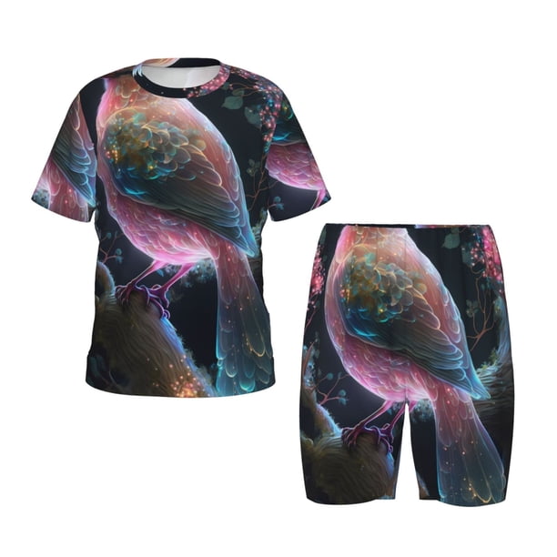 Fotbe Bird 3 Pijama Estampada de 2 Piezas para Niños – Ropa de Dormir de Manga Corta Cómoda para Niños y Niñas, Camiseta y Shorts de Algodón-Small